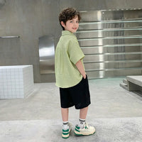 Boys Green Textured Drop Shoulder Shirt With Shorts Sets Sets