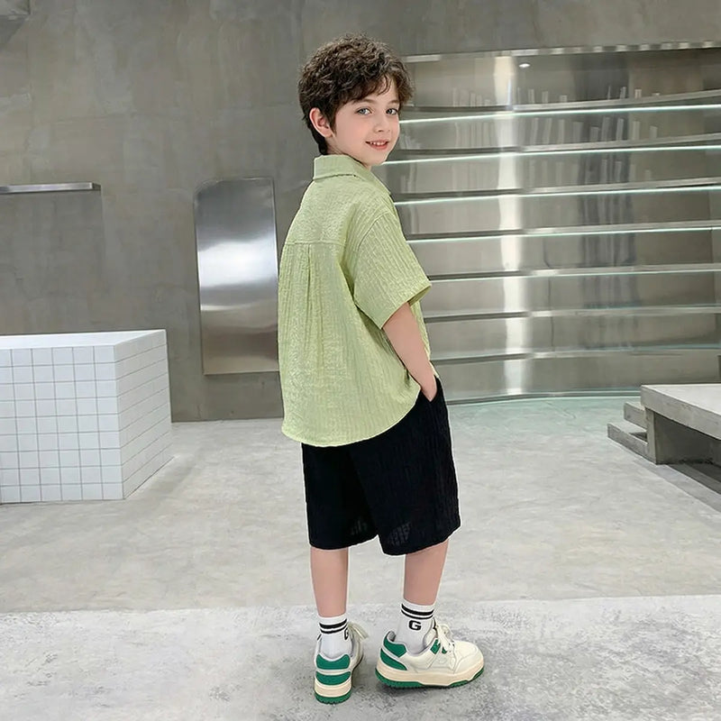 Boys Green Textured Drop Shoulder Shirt With Shorts Sets Sets