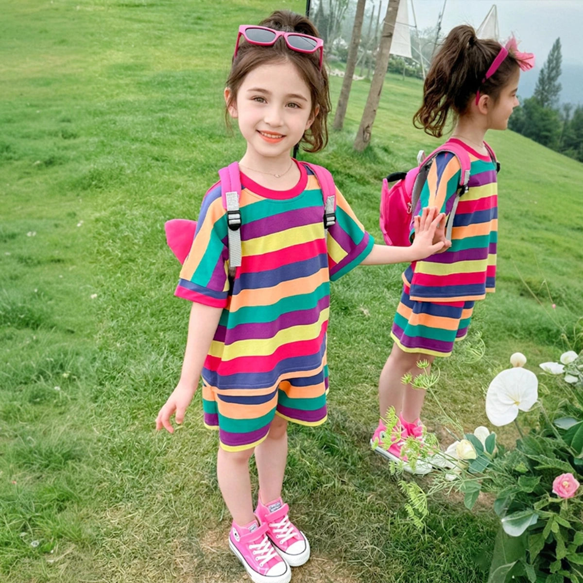 Girls Multicolor Striped Drop Shoulder T-Shirt With Shorts Sets Sets Multicolor 1-2 Y