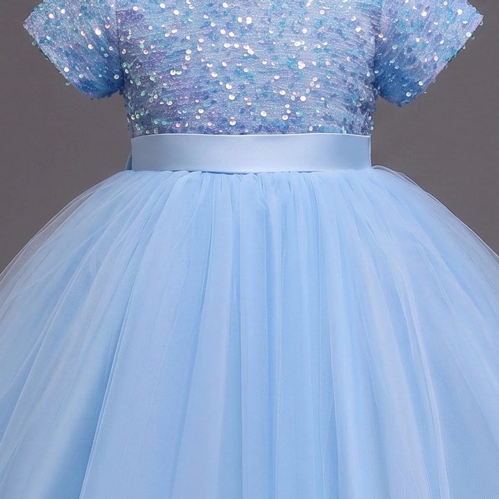 Girls Sky Blue Puff Sleeve Sequins Embellished Fit & Flare Party Wear Dress Party Dresses