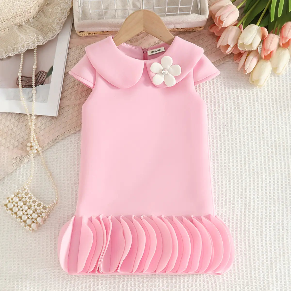 Girls Pink Cap Sleeves A-line Dress With Ruffled Hem Party Dresses Pink 2-3 Y