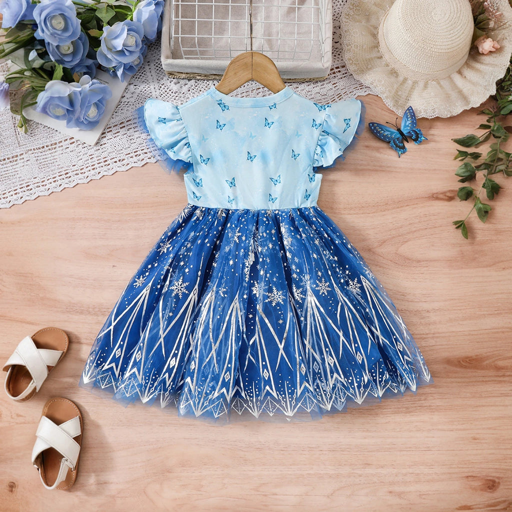 Girls Sky Blue Princess Printed Fit & Flare Dress Casual Dresses