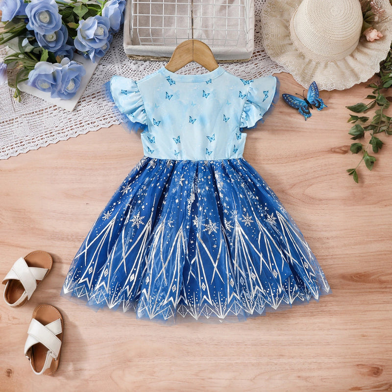 Girls Sky Blue Princess Printed Fit & Flare Dress Casual Dresses