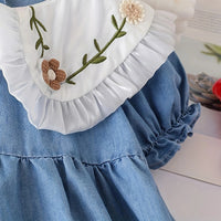 Girls Blue Puff Sleeves Fit & Flare Dress With Embroidered Oversized Collar Casual Dresses
