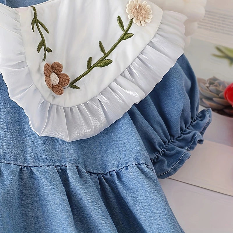 Girls Blue Puff Sleeves Fit & Flare Dress With Embroidered Oversized Collar Casual Dresses