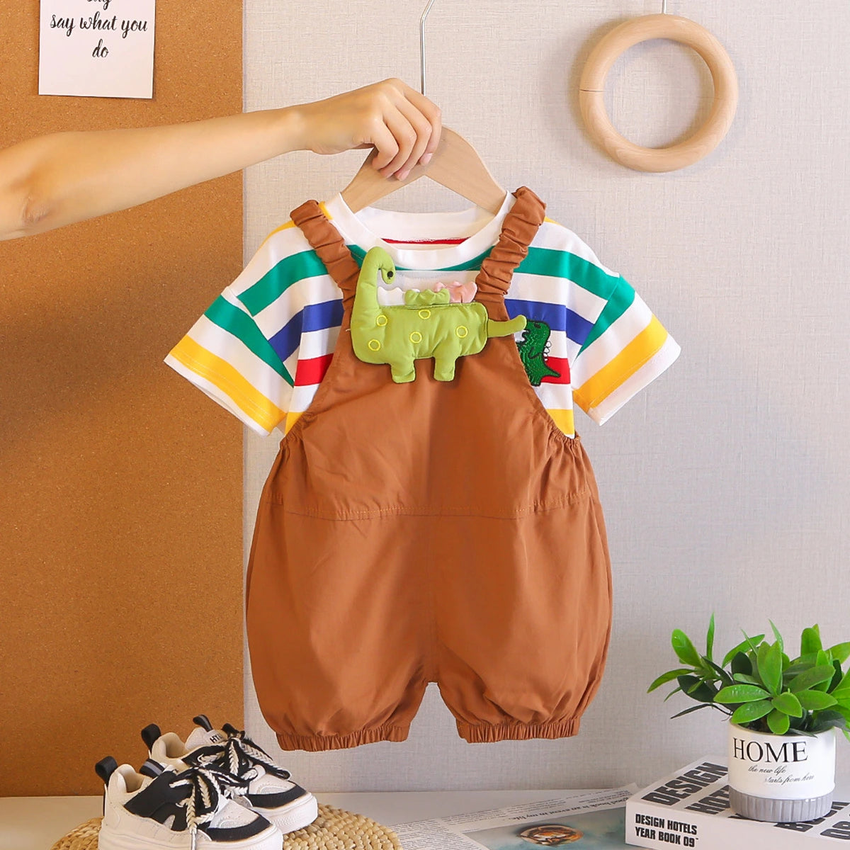 Boys Short Sleeve T-Shirt With Brown Dinosaur Applique Dungaree Sets 2 pc. Sets Brown 1-2 Y