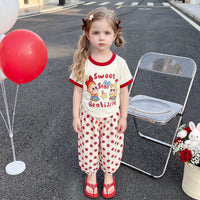 Girls Red Typography Print Short Sleeve T-Shirt With Polka Dot Pants Sets 2 pc. Sets Red 1-2 Y