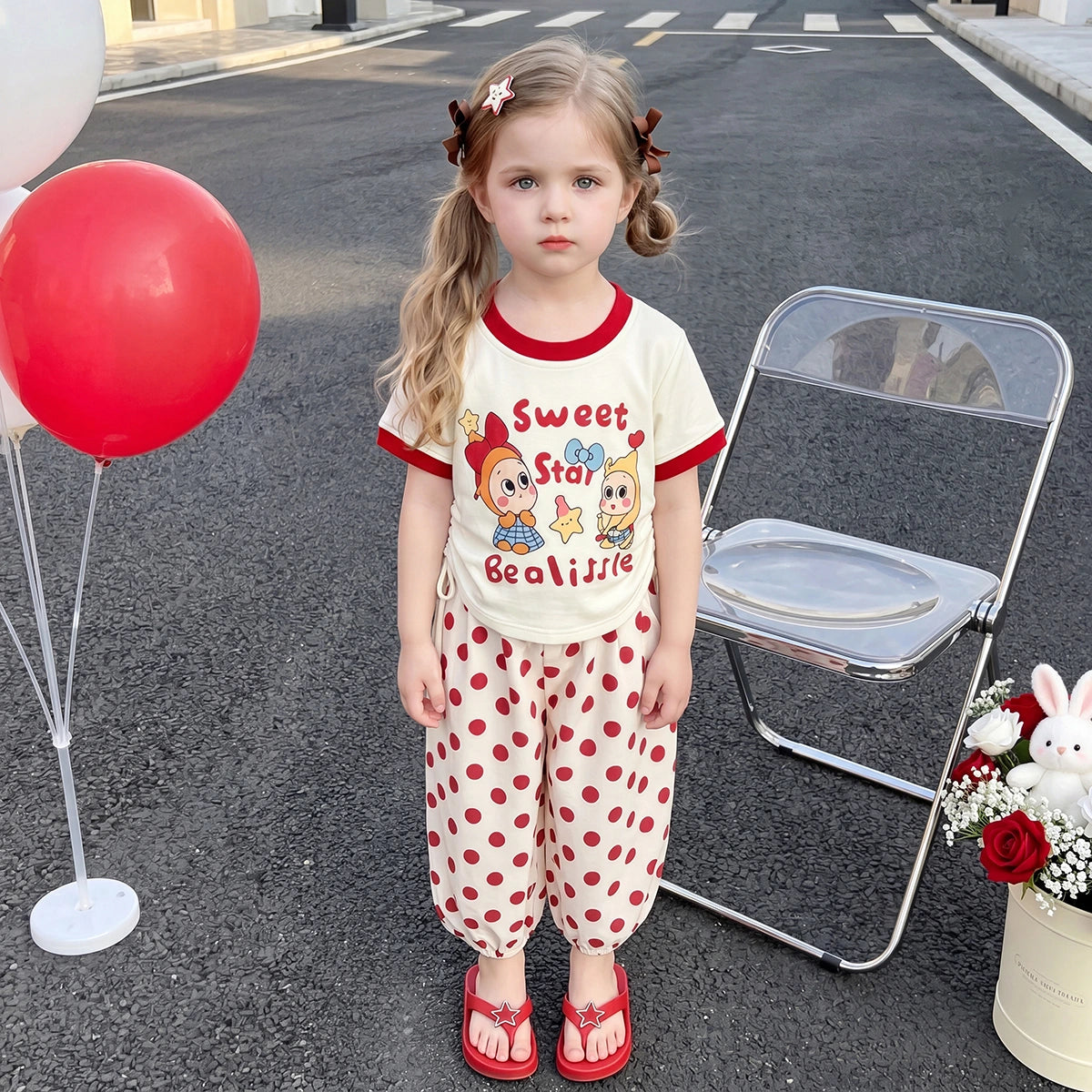 Girls Red Typography Print Short Sleeve T-Shirt With Polka Dot Pants Sets 2 pc. Sets Red 1-2 Y