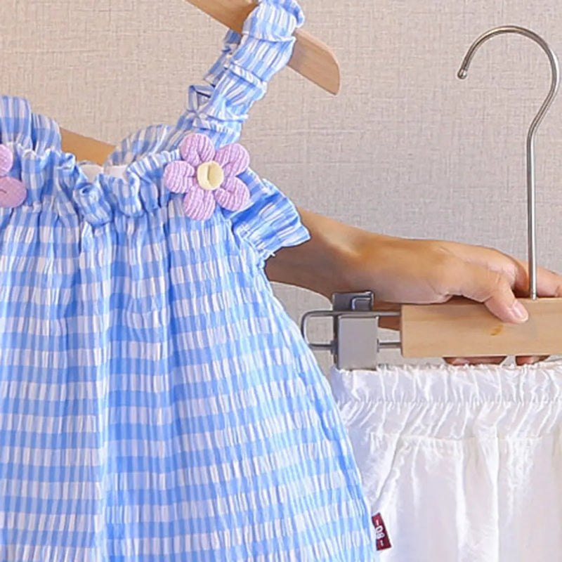 Girls Blue Stripes Flower Appliqued Sleeveless Top With Shorts sets Sets