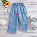 Girls Blue Heart Print Elasticated Denim Pants Pants Blue 3-4 Y