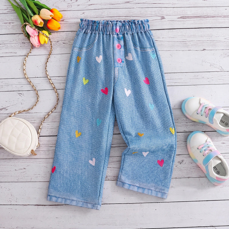 Girls Blue Heart Print Elasticated Denim Pants Pants Blue 3-4 Y