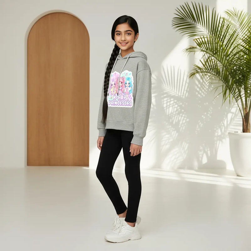 Girls Grey K-Pop Princesses Graphics Hoodie Sweatshirts & Hoodies