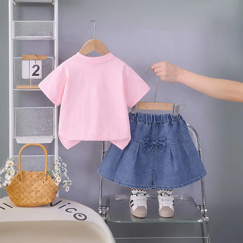 Girls Pink Flower Embellished T-Shirt With Denim Shorts Sets Sets