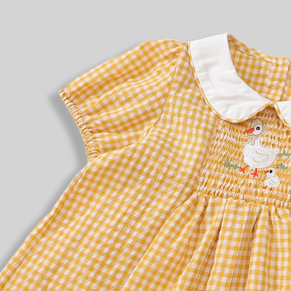 Girls Yellow Gingham Checked Smocked Dress with Duck Embroidery Casual Dresses