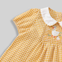 Girls Yellow Gingham Checked Smocked Dress with Duck Embroidery Casual Dresses