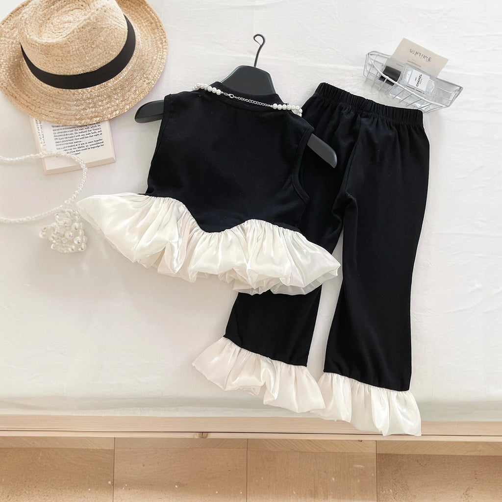 Girls Black Pearl Embellished Peplum Ruffle Top With Pants Sets 2 pc. Sets