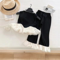 Girls Black Pearl Embellished Peplum Ruffle Top With Pants Sets 2 pc. Sets