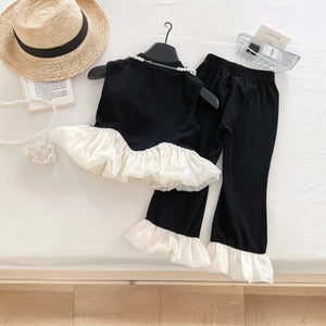 Girls Black Pearl Embellished Peplum Ruffle Top With Pants Sets 2 pc. Sets
