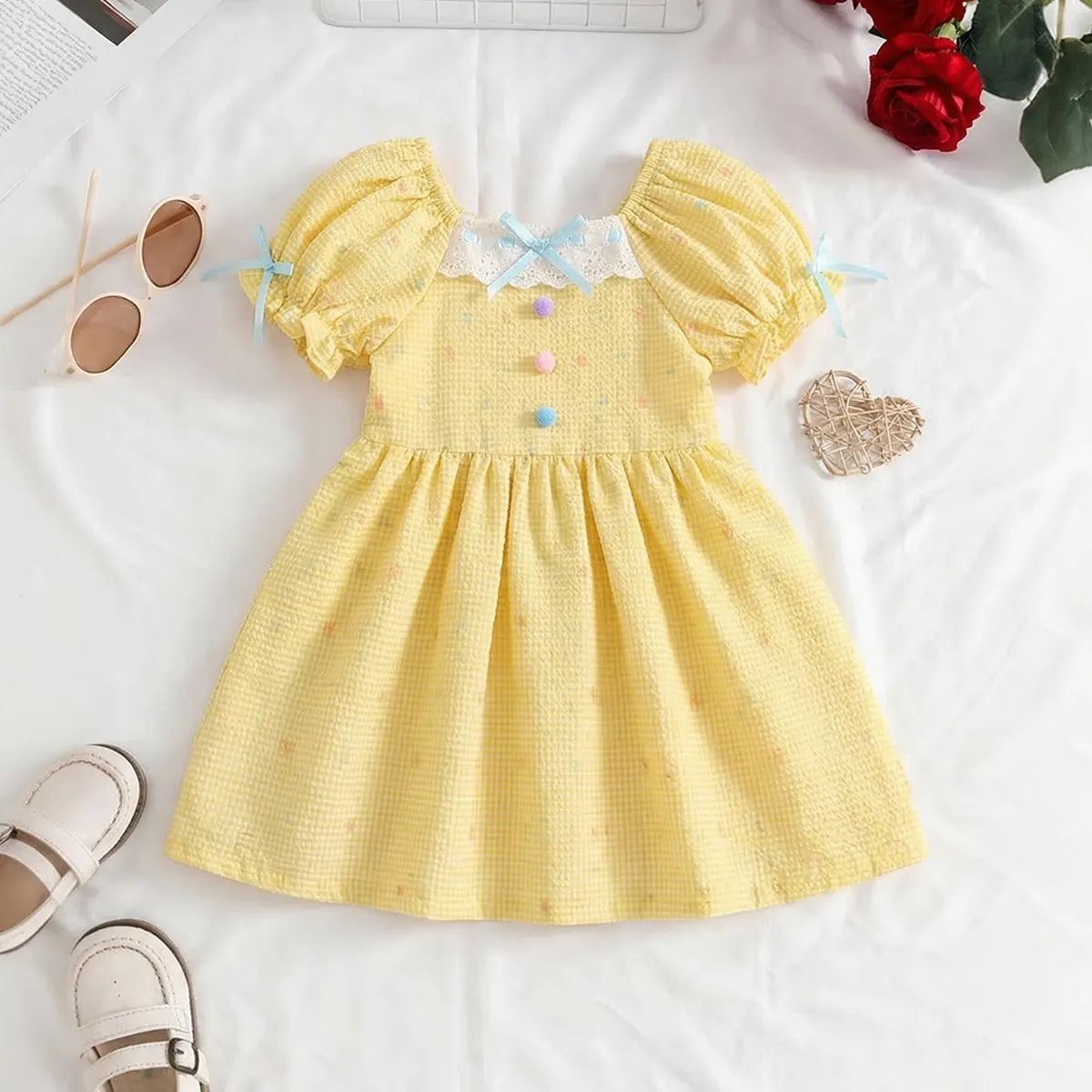 Girls Yellow Printed Fit & Flare Dress With Puff Sleeves Casual Dresses Yellow 1-2 Y