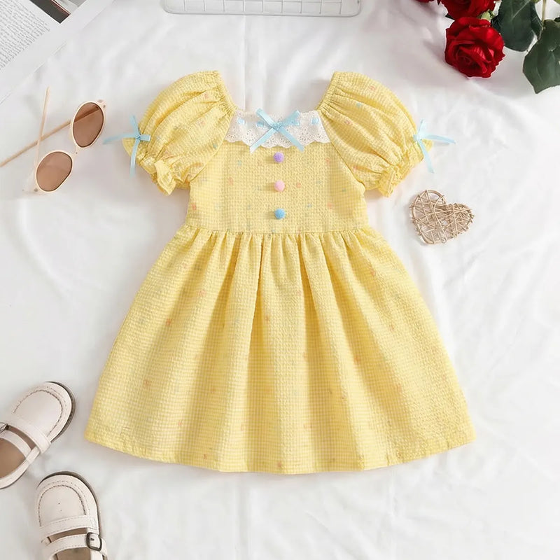 Girls Yellow Printed Fit & Flare Dress With Puff Sleeves Casual Dresses Yellow 1-2 Y