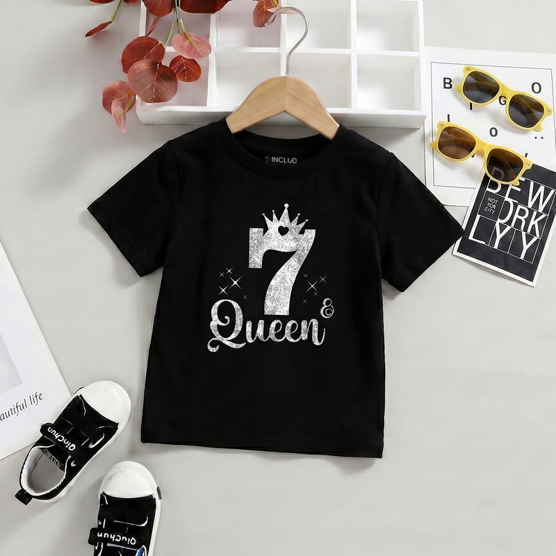 Girls Black Crown Queen Graphic Short Sleeve T-Shirt Tshirts Black 1-2 Y