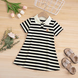 Girls Black Striped Bear Applique Puff Sleeve Polo Dress