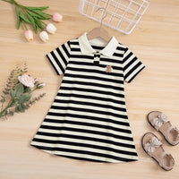 Girls Black Striped Bear Applique Puff Sleeve Polo Dress Casual Dresses Black 2-3 Y