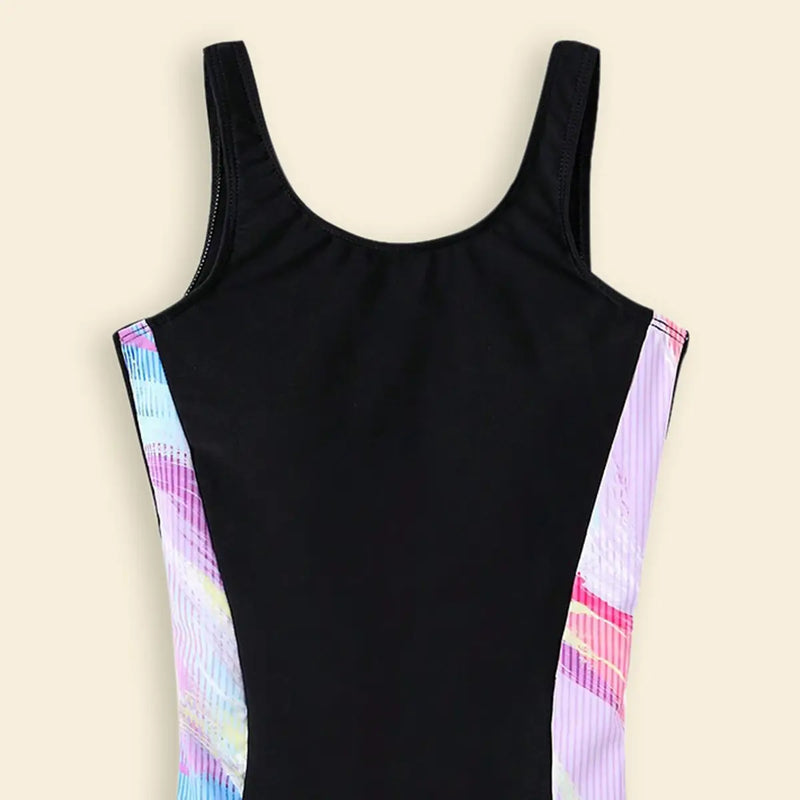 Girls Black Abstract Printed Sleeveless Swimwear Bodysuit Beachwear
