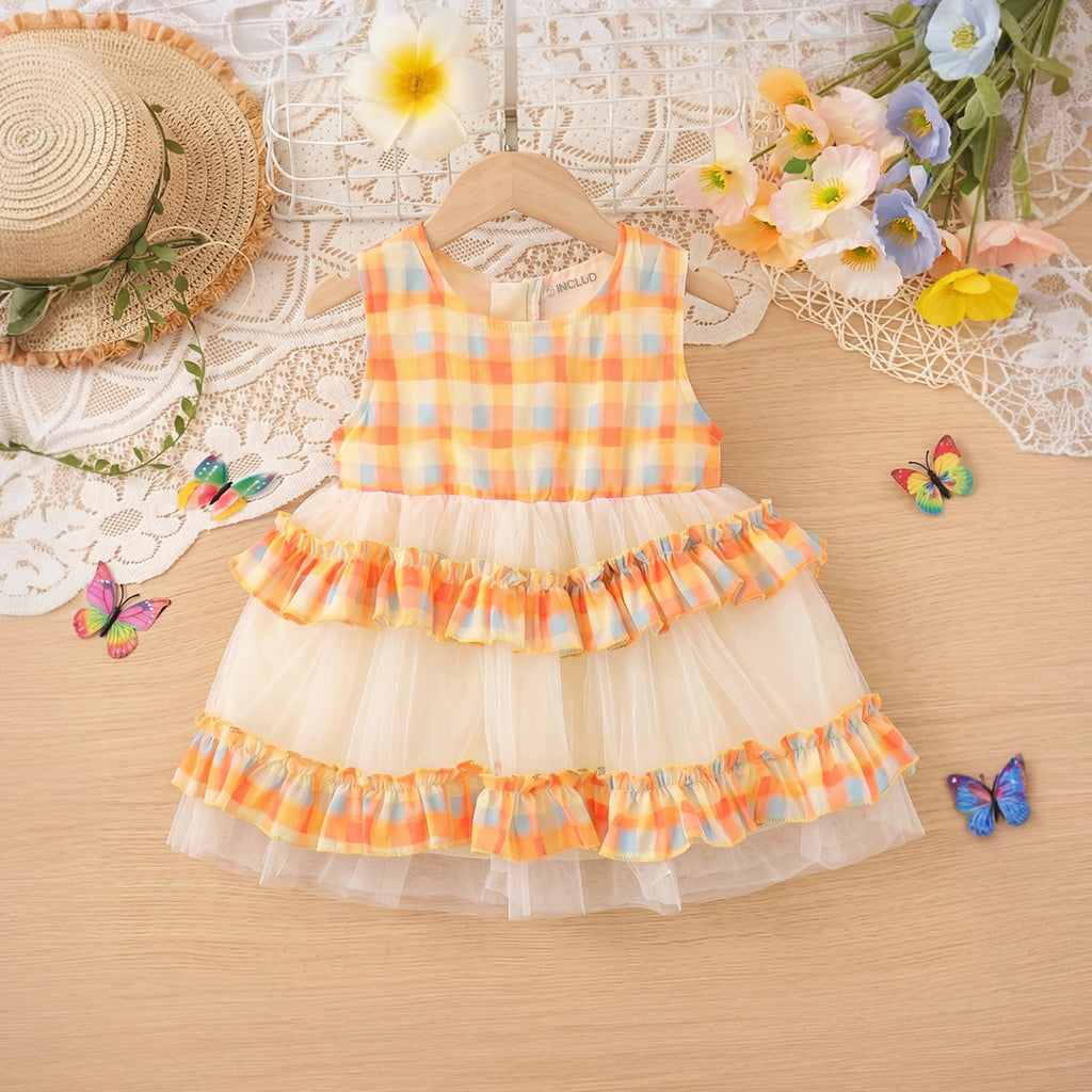 Girls Orange Checked Sleeveless Tiered Dress Casual Dresses Orange 1-2 Y