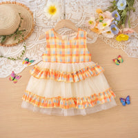 Girls Orange Checked Sleeveless Tiered Dress Casual Dresses Orange 1-2 Y