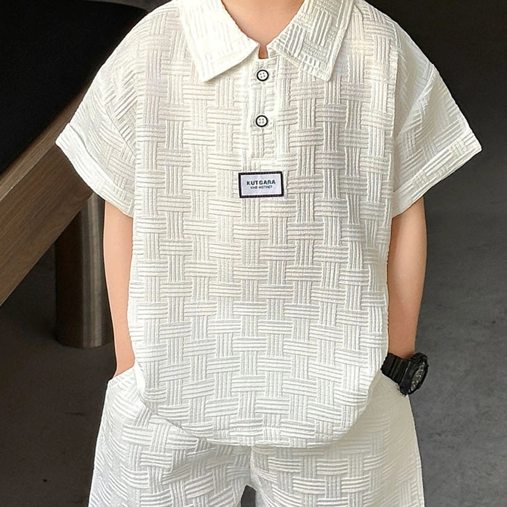 Boys Off White Textured Polo T-Shirt With Shorts Sets Sets