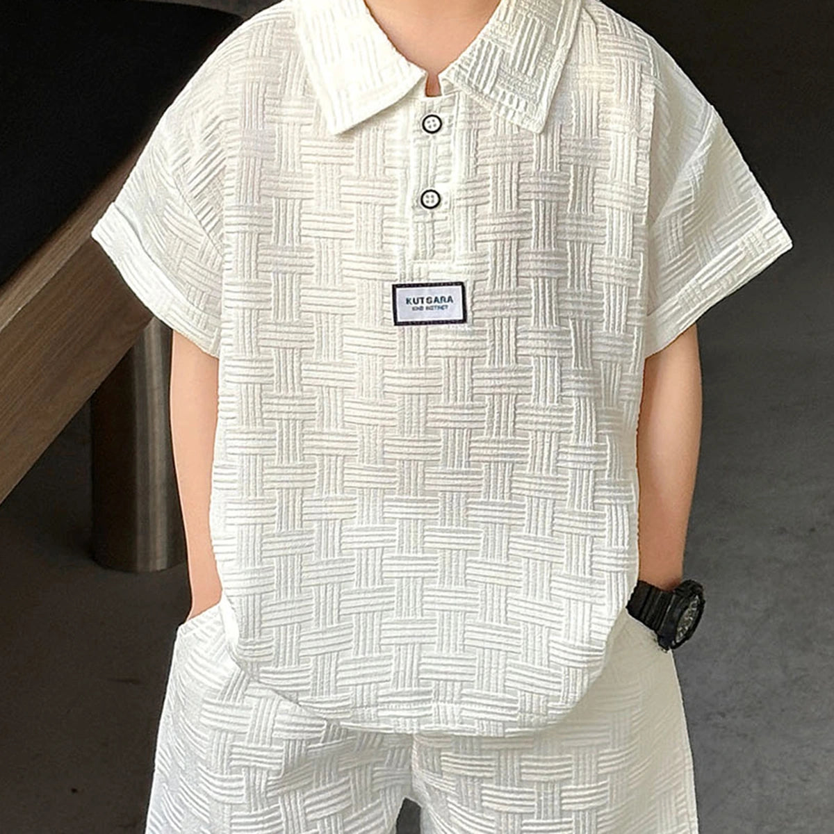 Boys Off White Textured Polo T-Shirt With Shorts Sets Sets