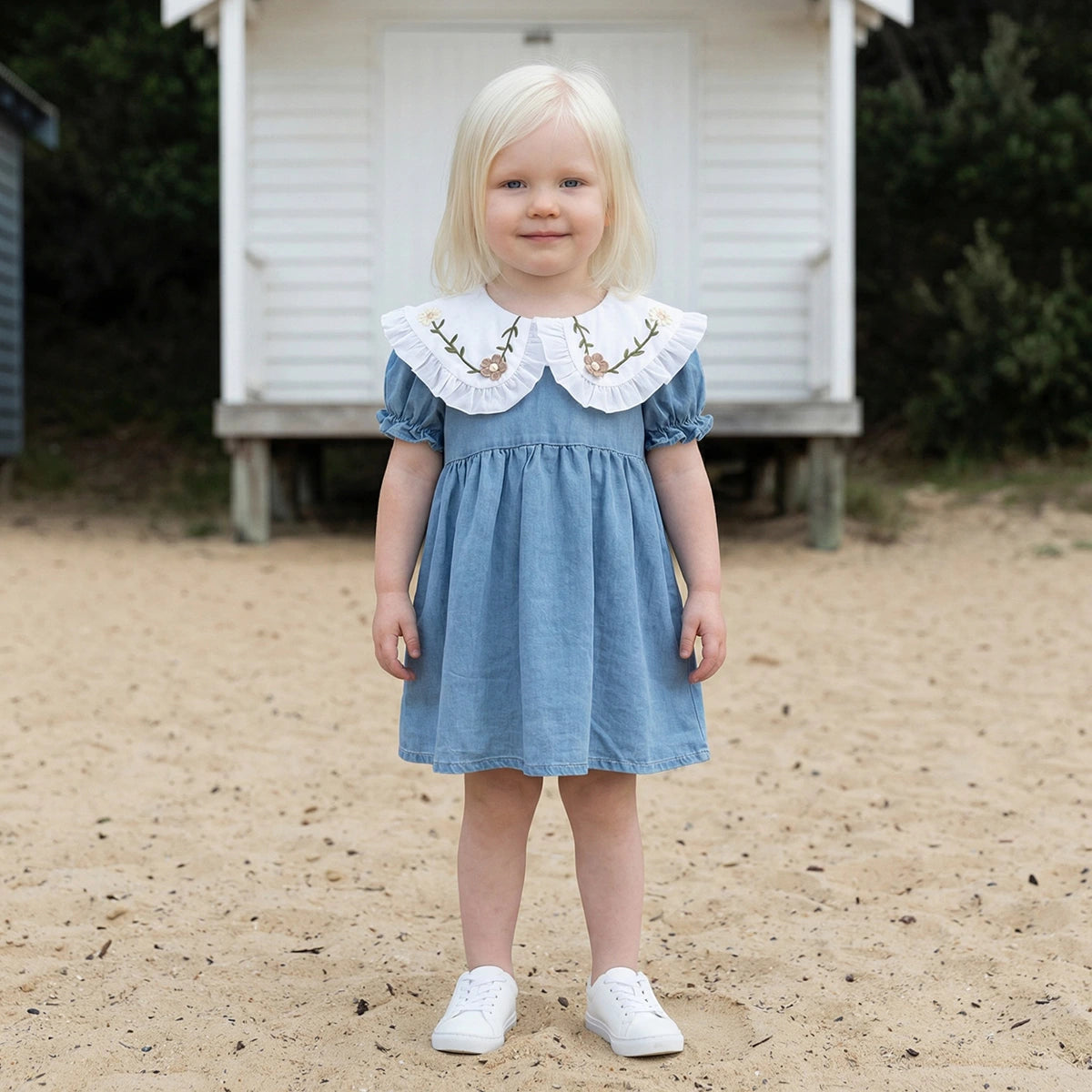 Girls Blue Puff Sleeves Fit & Flare Dress With Embroidered Oversized Collar Casual Dresses Blue 1-2 Y