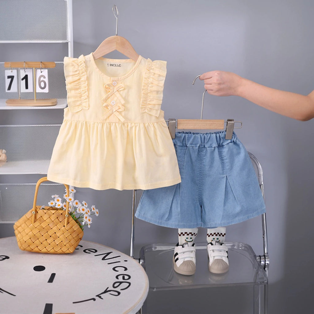 Girls Lime Yellow Self Design Top With Pleated Denim Shorts Set Sets Lime Yellow 1-2 Y
