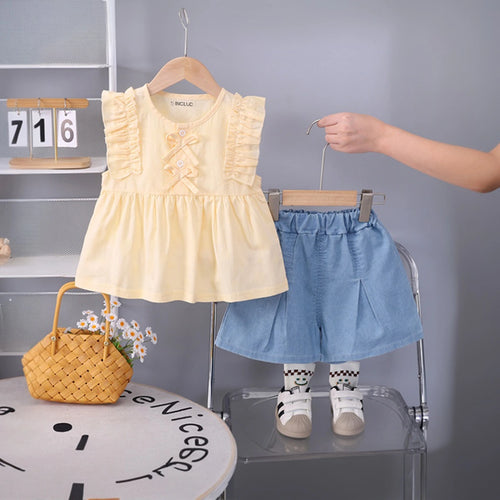 Girls Lime Yellow Self Design Top With Pleated Denim Shorts Set Sets Lime Yellow 1-2 Y