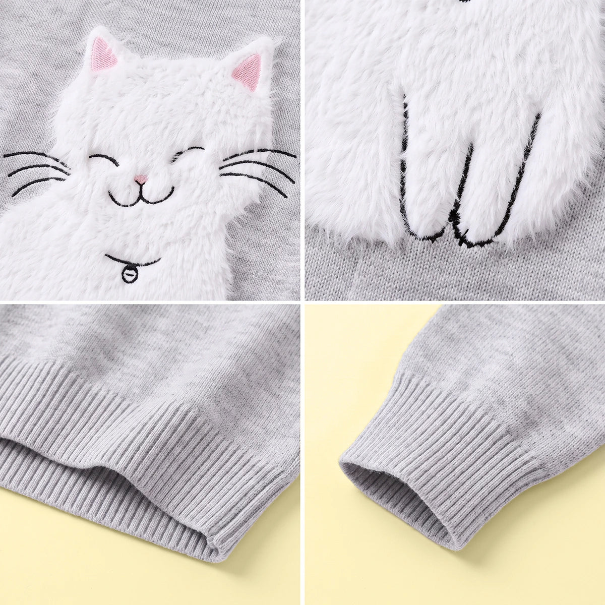 Girls Grey Cat Applique Knitted Sweater Dress Casual Dresses