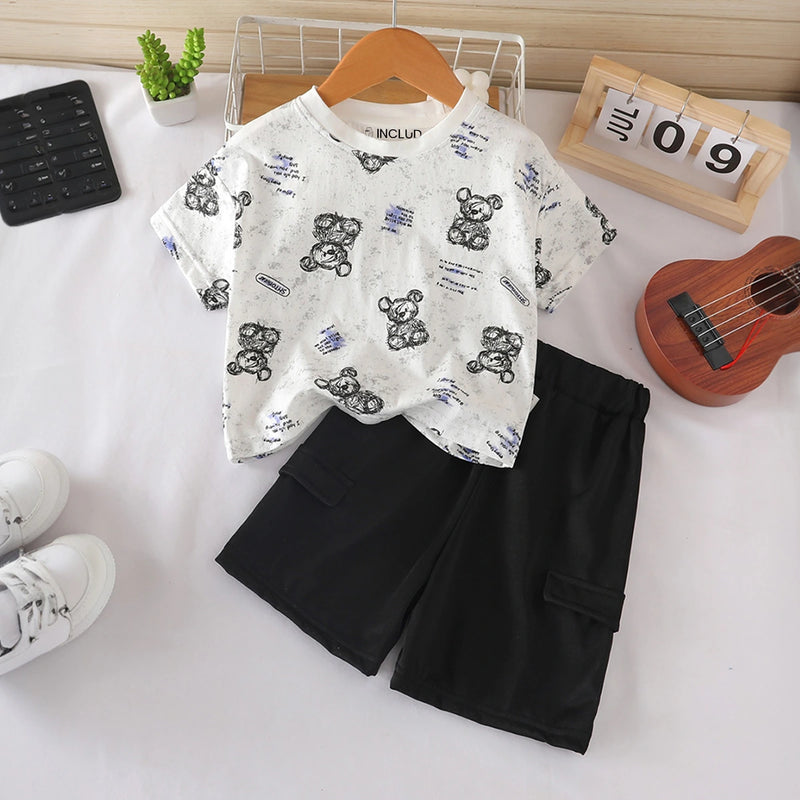 Boys White Bear Cartoon Print Short Sleeves T-Shirt With Shorts Set Sets White 1-2 Y