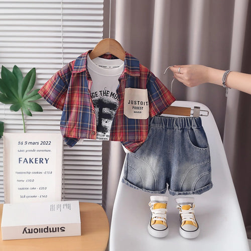 Boys Red Checked Shirt With Printed T-Shirt & Denim Shorts Set Sets Red 1-2 Y