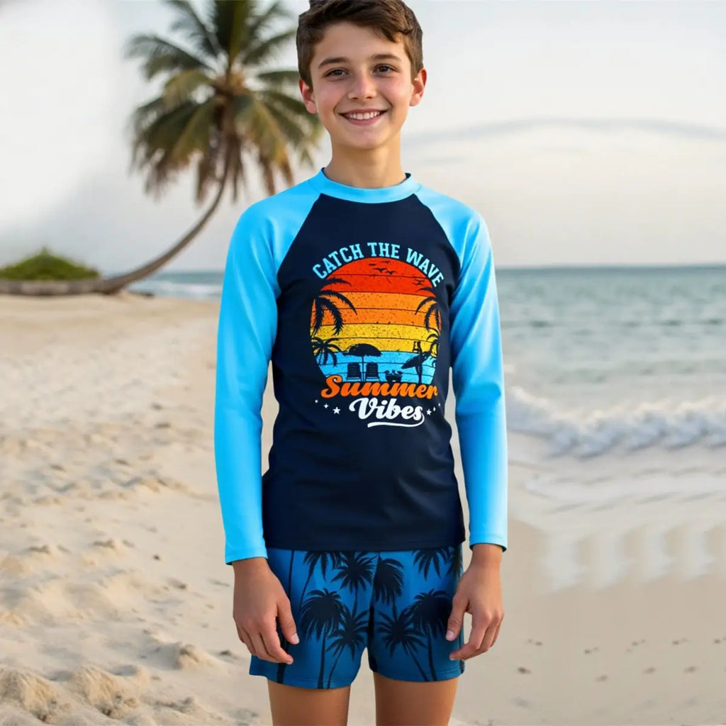 Boys Navy Blue Graphics Long Sleeves T-Shirt & Shorts Swimsuit Sets Sets
