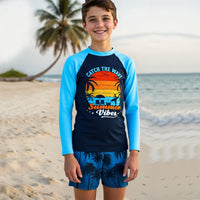 Boys Navy Blue Graphics Long Sleeves T-Shirt & Shorts Swimsuit Sets Sets