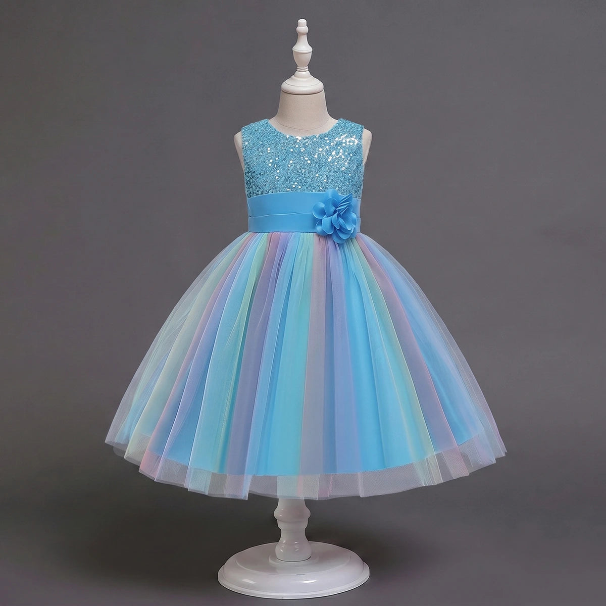 Girls Blue Sequin Embellished Fit & Flare Party Wear Dress With Flower Applique Party Dresses Blue 2-3 Y