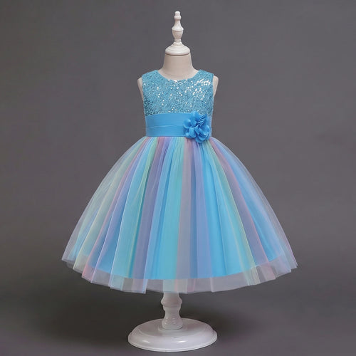 Girls Blue Sequin Embellished Fit & Flare Party Wear Dress With Flower Applique Party Dresses Blue 2-3 Y