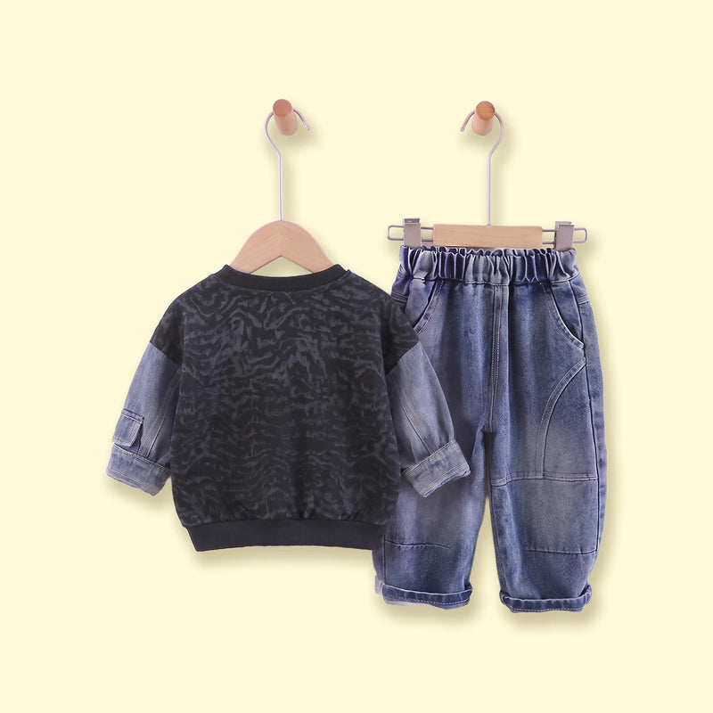 Boys Black Abstract Print Sweatshirt With Denim Pants Sets 2 pc. Sets