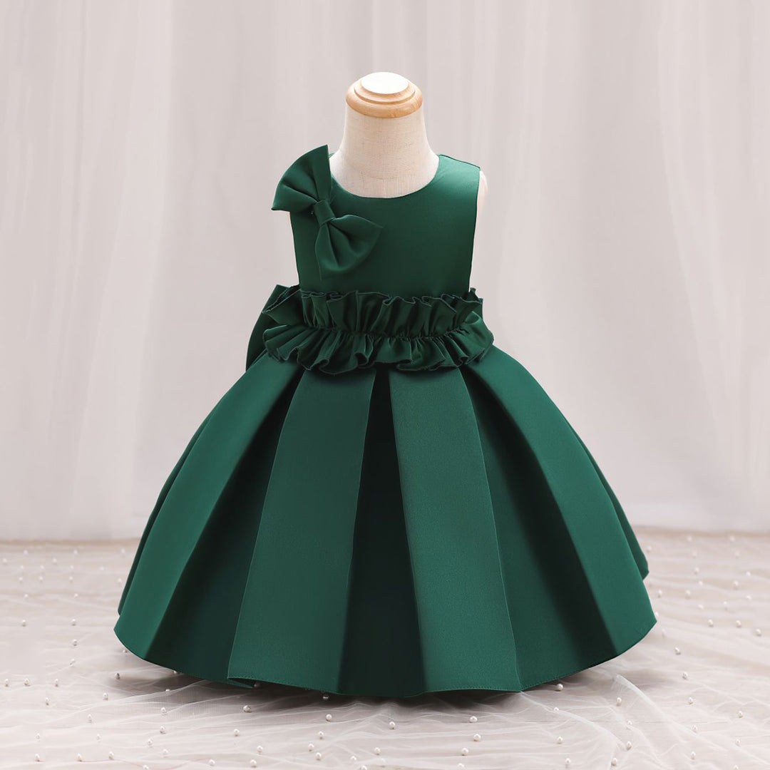 Girls Bow Applique Pleated Party Wear Dress Party Dresses Green 1-2 Y 