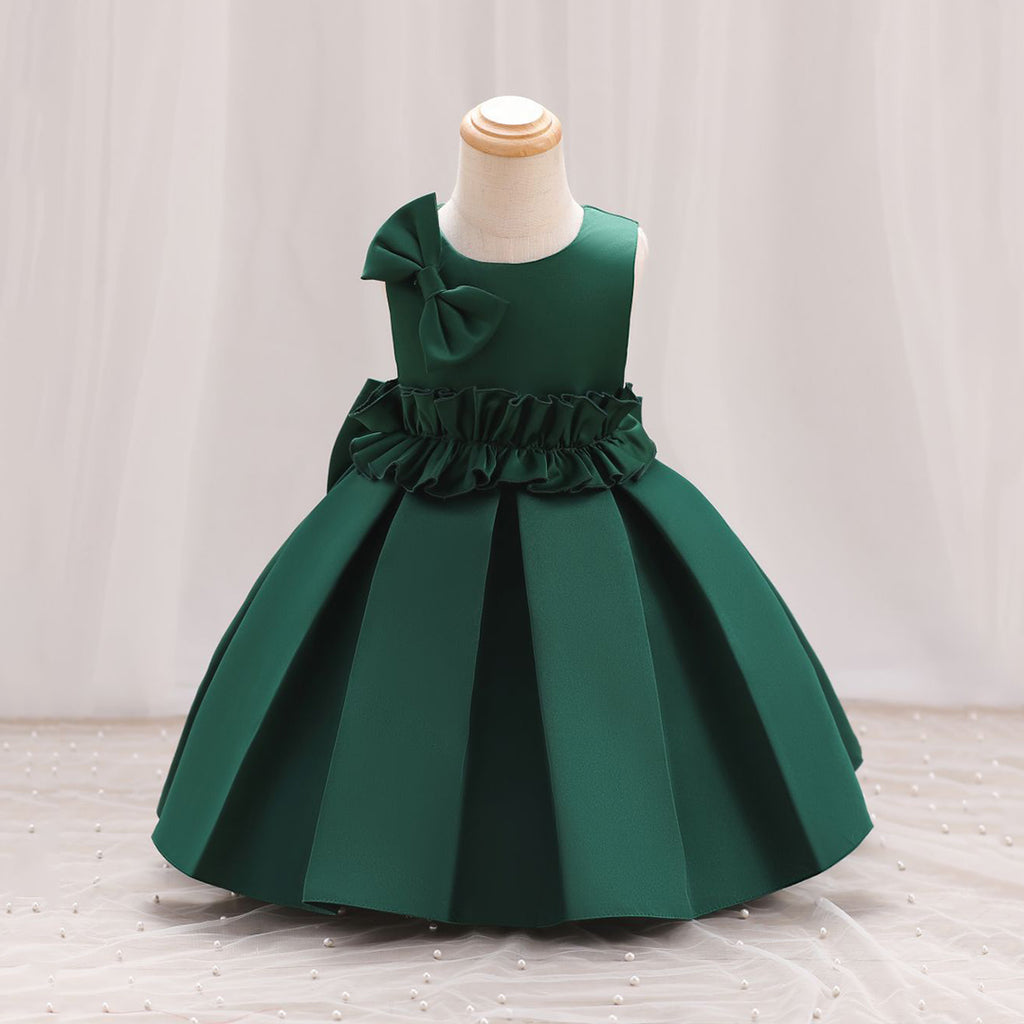 Girls Bow Applique Pleated Party Wear Dress