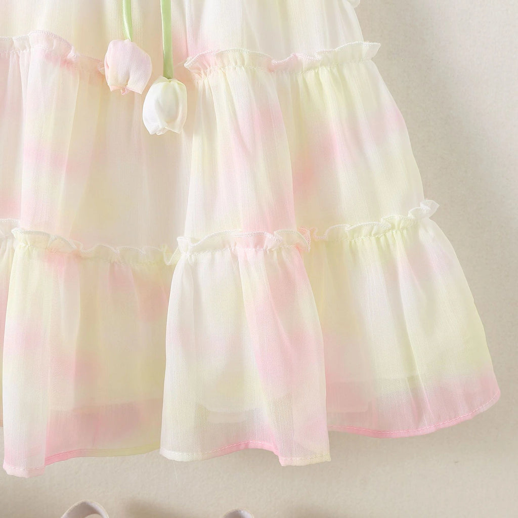 Girls White Printed Layered Dress With Tulip Applique Casual Dresses