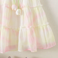 Girls White Printed Layered Dress With Tulip Applique Casual Dresses