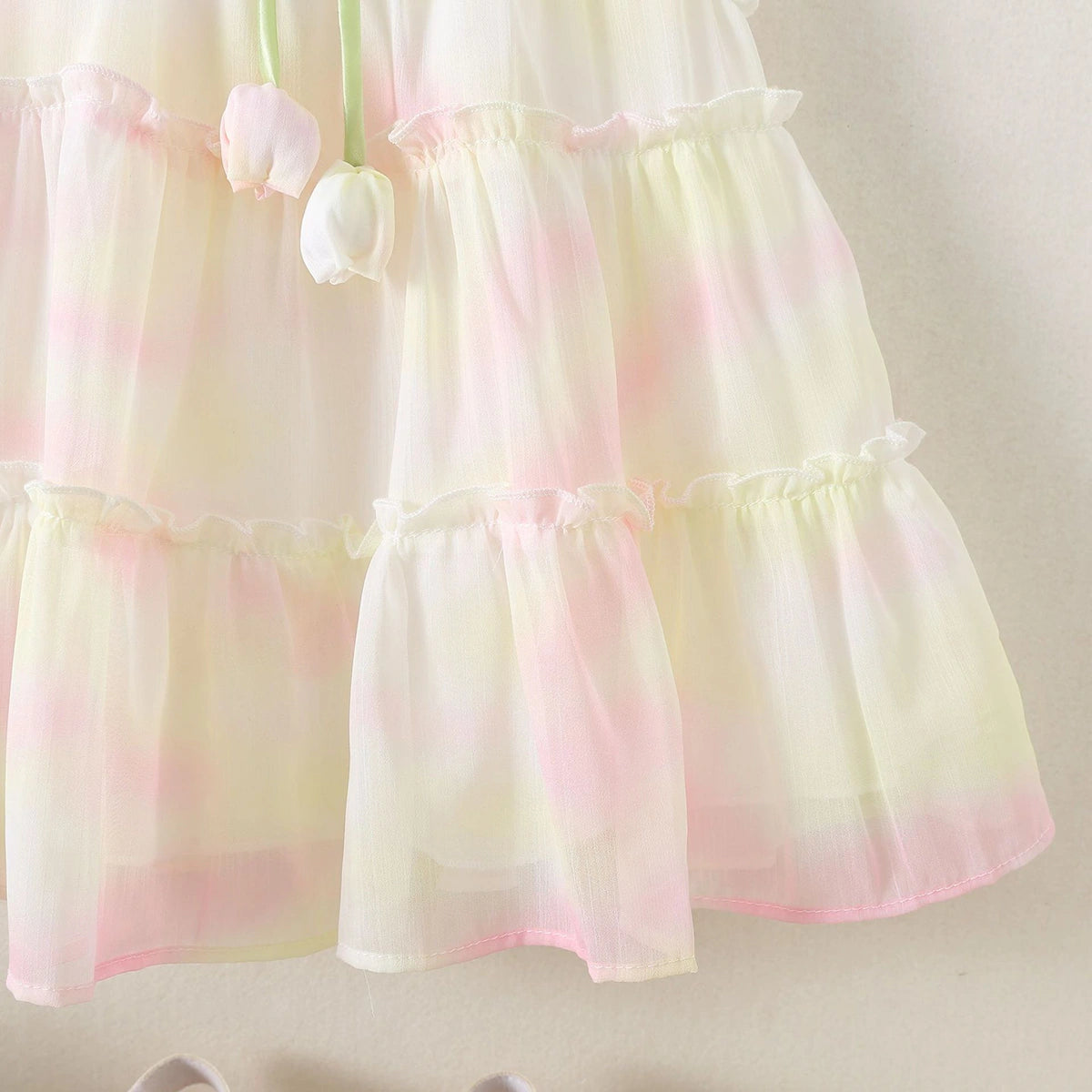 Girls White Printed Layered Dress With Tulip Applique Casual Dresses