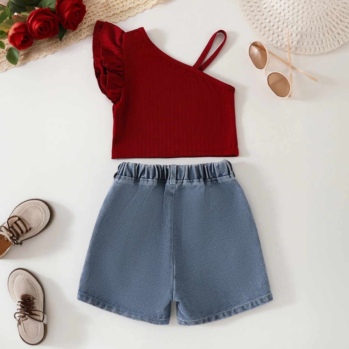 Girls Maroon One Shoulder Top With Embroidered Denim Shorts Set Sets