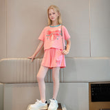 Girls Pink Bow Printed Summer Top With Shorts Set